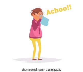 Cold, flu, sneezes Vector. Cartoon. Isolated art on white background. Flat