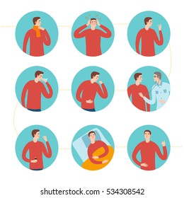 Cold and flu stages set. Including symptoms and treatment. Medical care informative vector illustration.