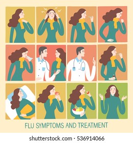 Cold and flu stages set. Including symptoms and treatment. Medical care informative vector illustration.