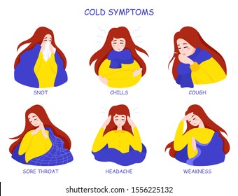 Cold or flu symptoms infographic. Fever and cough, sore throat. Idea of medical treatment and healthcare. Flat illustration