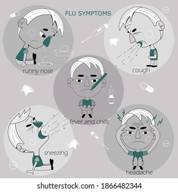 Cold and flu symptoms infographic. Fever and cough. Idea of medical treatment and healthcare. Flat vector illustration. contains icons such as thermometer, tablets, spray, nasal wipes