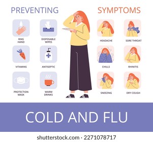 Cold and flu symptoms and prevention methods, flat vector illustration. Sick woman suffering from headache, sore throat, chills and rhinitis. Healthcare and medical infographic.