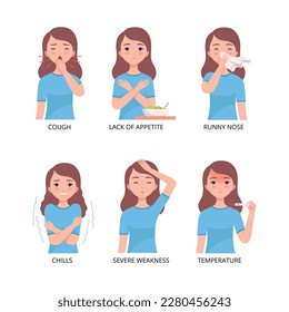 Cold and flu symptoms set. Boy suffering from cough, lack up appetite, runny, nose, chills, severe weakness, temperature cartoon vector illustration