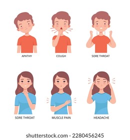 Los síntomas del frío y la gripe se establecen. Niño que padece apatía, tos, dolor de garganta, dolor muscular, dolor de cabeza caricatura ilustración vectorial