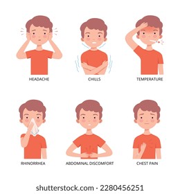 Cold and flu symptoms set. Boy suffering from headache, chills, temperature, rhinorrhea, abdominal discomfort, chest pain cartoon vector illustration