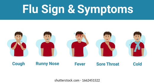 Cold and Flu Symptoms and Sign Infographic with Cartoon has Cough , Runny Nose , Fever , Sore Throat and Cold in Coronavirus or Covid-19 Outbreak. Illustration for Medical and Treatment