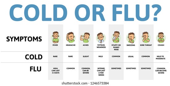 Cold and flu symptoms table chart. Infographic poster with text and character. Flat vector illustration, horizontal. Isolated on white background.