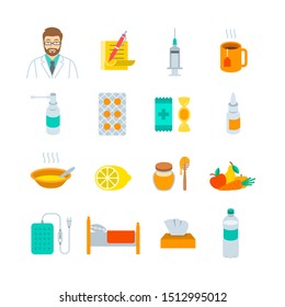 Cold and flu treatment icons. Flat vector concepts for flu season. Doctor's prescription, vaccine, pills, throat and nasal sprays, soup, lemon, vegetables, honey, hot drinks, electric heating pad
