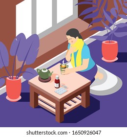 Cold flu treatment isometric composition with suffering from sore throat woman drinks hot tea background vector illustration  