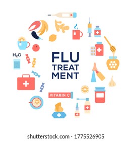 El concepto de tratamientos de la gripe fría. Enfoque circular Tos de agua potable, toallitas desinfectantes dulces, medicinas, remedios naturales, irrigación nasal, vitamina C, alimentos saludables con gripe. Ilustración vectorial plana