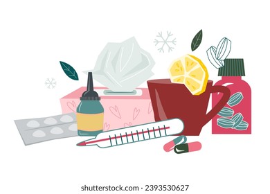 Cold and flu treatments and remedies include medication such as pills, nasal sprays, and other drugs, flat vector illustration isolated on white. Banner for seasonal diseases and flu treatment.