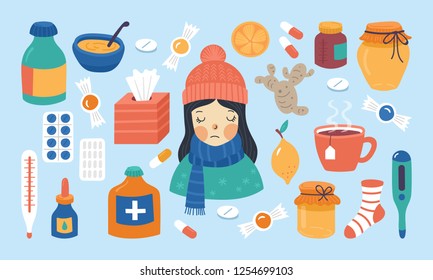 Cold flu and virus treatment concept. Cute young girl with handkerchief, medicine, drugs and natural illness treatments.Childish vector illustration