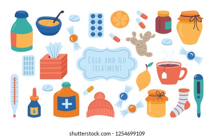 Cold flu and virus treatment concept. Handkerchief, medicine, drugs and natural illness treatments.Childish vector illustration