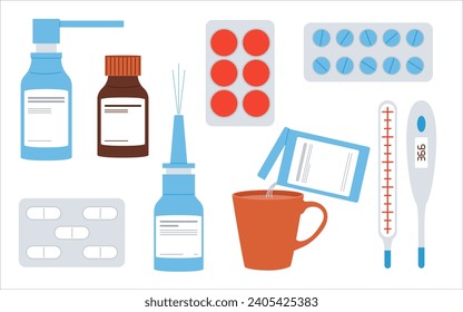 Concepto de tratamiento de la gripe fría y virus. Medicina, medicamentos y tratamientos contra enfermedades.Ilustración vectorial