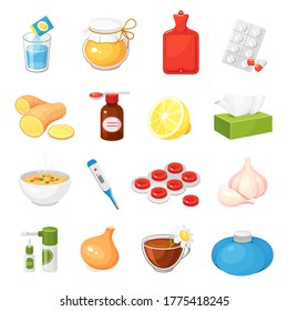 Cold, flue, influenza remedies. Mixture, pills, tablets, honey, capsules, hot water bag, ginger, lemon, garlic, wipes, thermometer, spray, drops, onion, herbal tea. Vector icons set isolated on white.