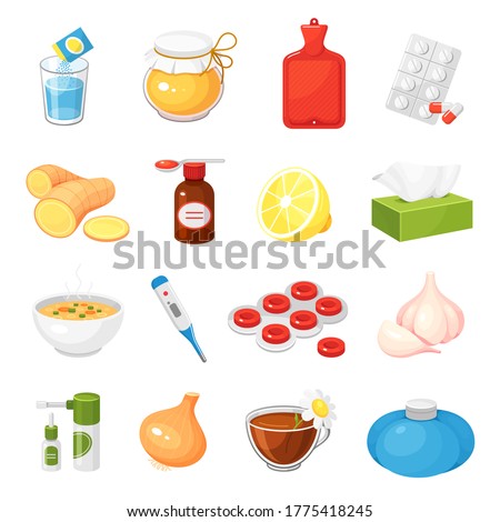 Cold, flue, influenza remedies. Mixture, pills, tablets, honey, capsules, hot water bag, ginger, lemon, garlic, wipes, thermometer, spray, drops, onion, herbal tea. Vector icons set isolated on white.