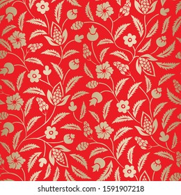 Cold Foil Folk Traditional Floral Chintz Vector Seamless Pattern on Red Background. Bright Classic Scrolling Flowers and Foliage Background Perfect for Textiles and Fashion.