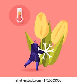Cold and Freezing Spring Time Weather Concept. Tiny Male Character Carry Huge Snowflake at Blooming Tulip Flowers Bunch and Thermometer Showing Low Temperature Outside. Cartoon Vector Illustration