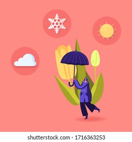 Kaltes und frierendes Frühlingswetterkonzept. Der kleine weibliche Charakter trägt einen riesigen Regenschirm mit Schneeflocken, Wolke und Sonne an blühender Blüte und niedriger Temperatur im Freien. Illustration zur Cartoon-Vektorillustration
