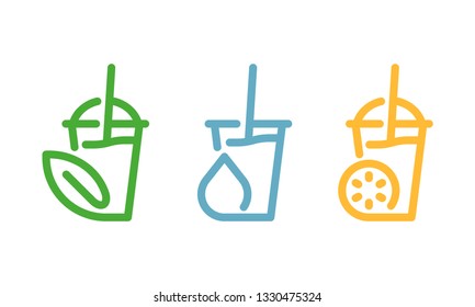 Cold fresh drinks. Beverages set. Flat outline icons.