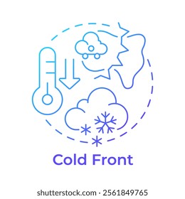 Cold front blue gradient concept icon. Atmospheric phenomena research. Climate and weather forecasting. Round shape line illustration. Abstract idea. Graphic design. Easy to use in article