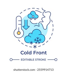 Cold front multi color concept icon. Atmospheric phenomena research. Climate and weather forecasting. Round shape line illustration. Abstract idea. Graphic design. Easy to use in article