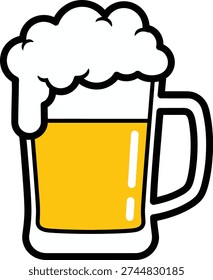 Cold frothy beer in a glass mug with a handle, a classic refreshing beverage for celebrations and relaxation.
