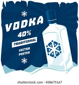 Cold or frozen glassware bottle of vodka with snowflake on sticker. High spirit containing drink bathtub gin beverage or booze. May be used for advertising at bar or restaurant