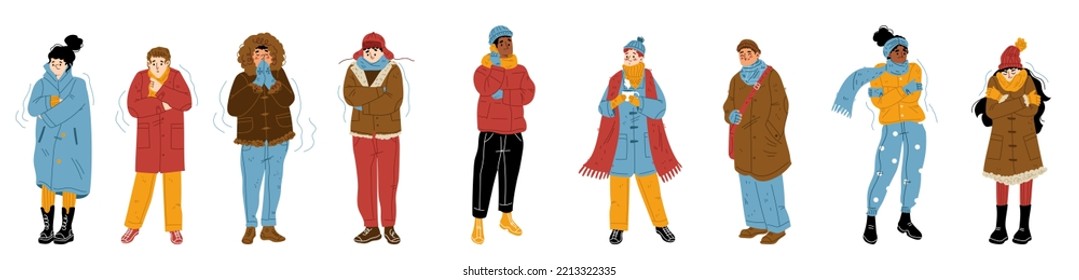 Cold frozen people winter freeze and shiver. Isolated characters wear warm clothes trembling and suffering of low minus degrees temperature at wintertime season Cartoon linear flat vector illustration