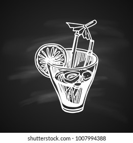 Cold Fruit Cocktail with Lime, Lemon, Tonic. Isolated on Blackboard