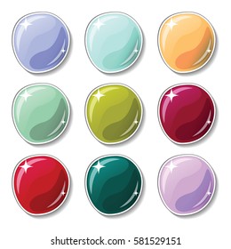 Cold gamma colored buttons with glass surface effect. Blank vector buttons set for web design or game graphic. Colorful marbles on white background. Empty bubbles for text or word. Board pins isolated