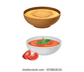 Cold Gazpacho and Creamy Soup in Bowl as Spanish Cuisine Dish Vector Set