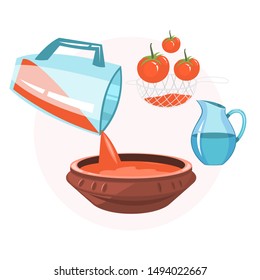 Cold gazpacho soup cooking. Fast and easy dinner or lunch at home. Delicious meal in a bowl. Cucumber, garlic, pepper and tomato ingredients. Flat vector illustration