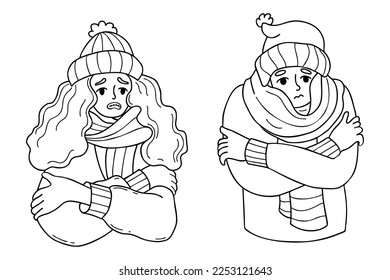 cold girl and man in knitted hat and wrapped in scarf freezing wearing and shivering. Outline vector illustration. hand drawn doodle. Winter season and suffering of low minus degrees temperature