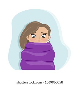 The cold girl wrapped herself in a blanket with a thermometer. Cold season. Flat vector illustration.
