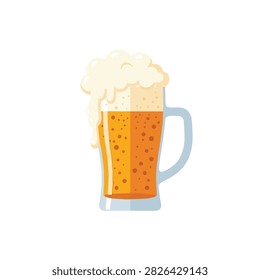 Cold Glass of Beer with Overflowing White Foam and Bubbles Flat Vector Illustration Isolated on White