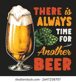 A cold glass of beer stands proudly showcasing its golden color and frothy top. Fresh hop leaves are nearby symbolizing a time to relax and enjoy a drink with friends.