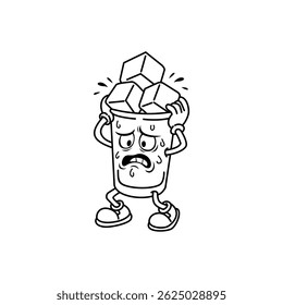 Cold glass cartoon illustration design. Glass mascot mostly ice cubes. Black and white glass vector.