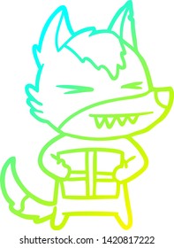 dibujo de una línea de gradiente frío de una caricatura de lobo de navidad furiosa