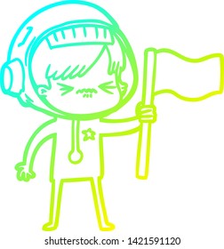 cold gradient line drawing of a angry cartoon space girl waving flag