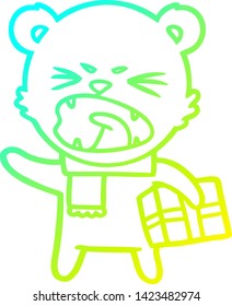 cold gradient line drawing of a angry cartoon polar bear with christmas present