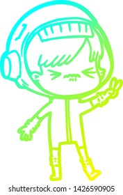 Cold Gradient Line Drawing Of A Angry Cartoon Space Girl Holding Up Two Fingers