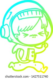 cold gradient line drawing of a angry cartoon space girl running