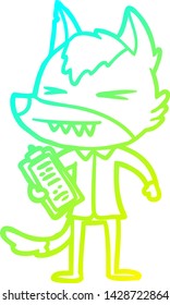desenho de linha de gradiente frio de um desenho animado de lobo raivoso