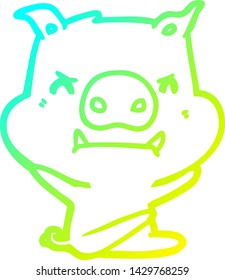 dibujo de línea de gradiente frío de un rabioso cerdo de dibujos animados