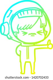 cold gradient line drawing of a annoyed cartoon space girl giving thumbs up sign