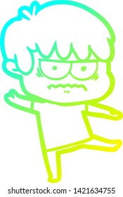 cold gradient line drawing of a annoyed cartoon boy