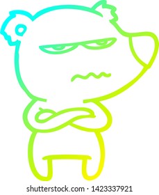 desenho de linha de gradiente frio de um desenho animado de urso irritado