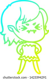 cold gradient line drawing of a annoyed cartoon vampire girl