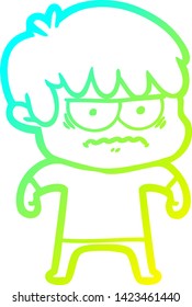 cold gradient line drawing of a annoyed cartoon boy